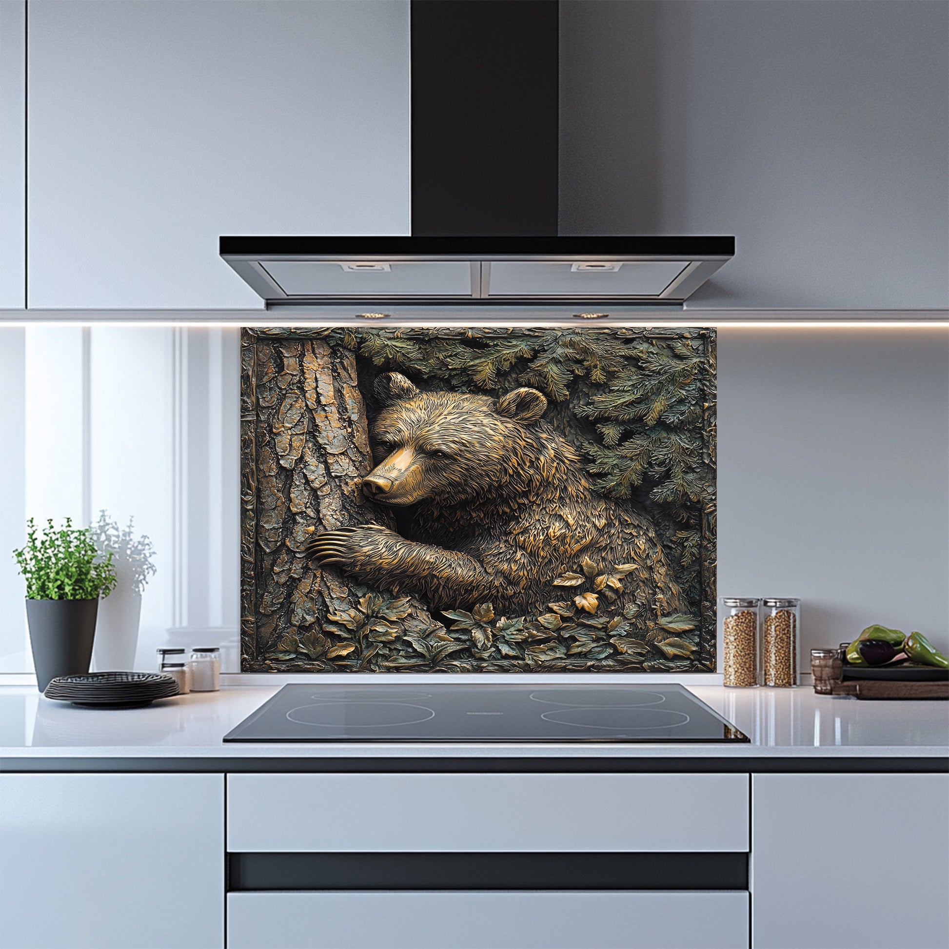 Kitchen with a bear-themed backsplash above a stove