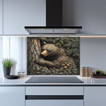 Kitchen with a bear-themed backsplash above a stove
