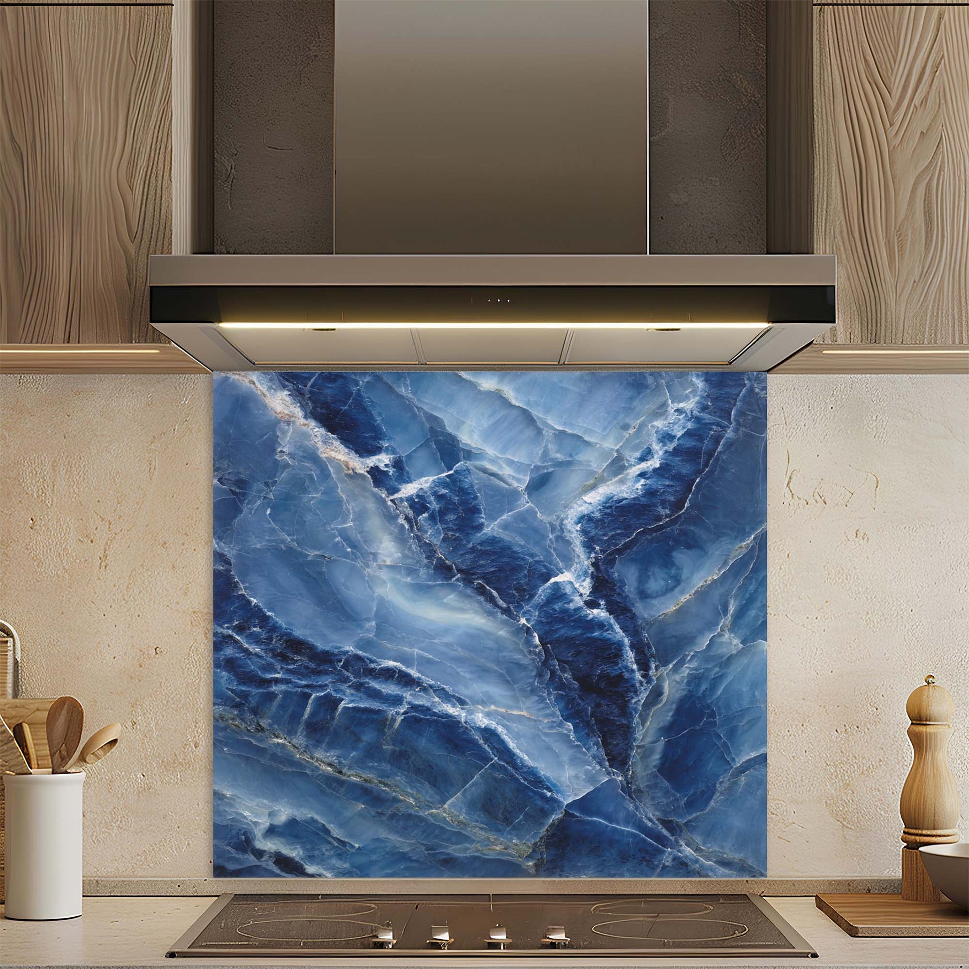 Kitchen with a blue marble glass backsplash
