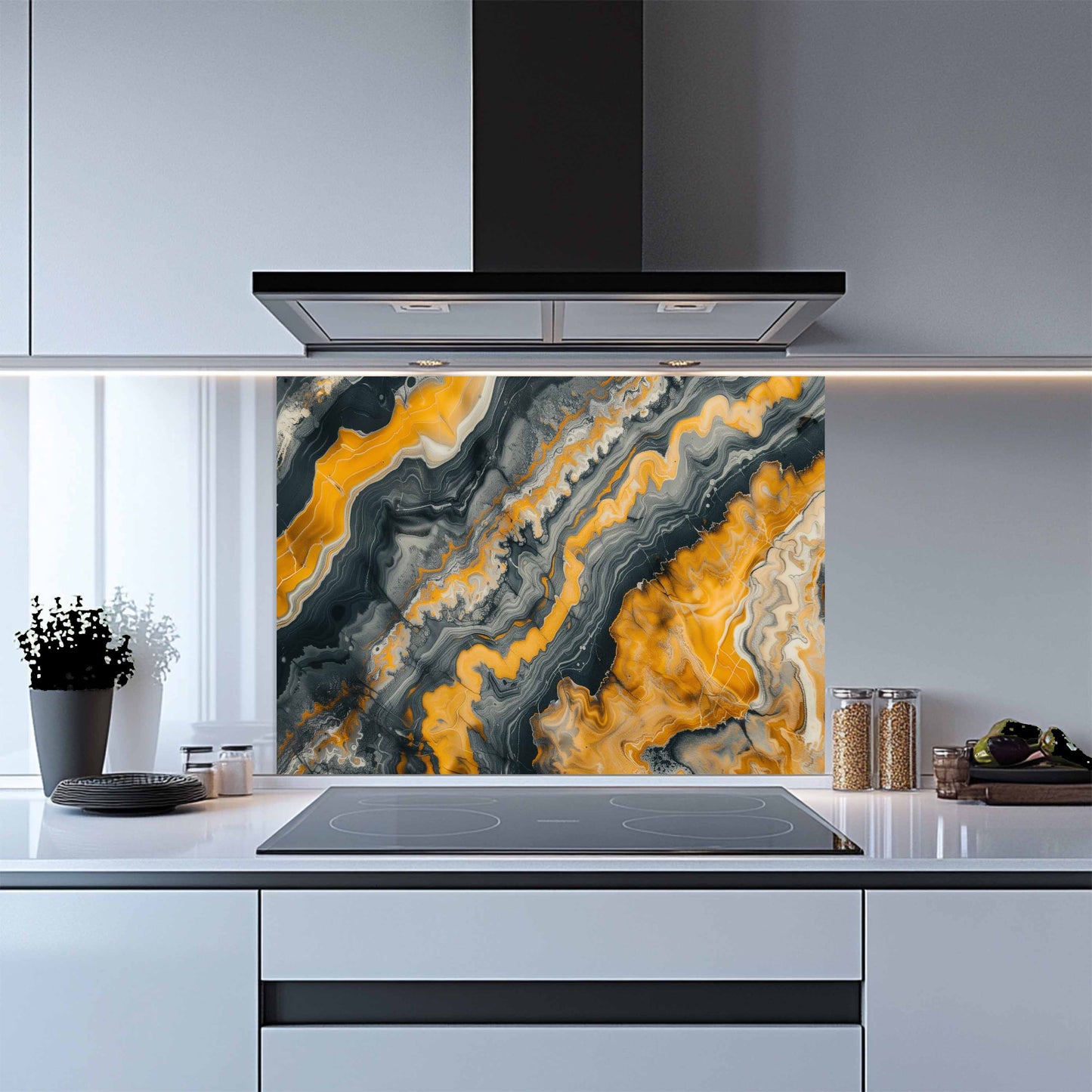 Kitchen with a decorative glass splashback featuring orange and gray abstract patterns.