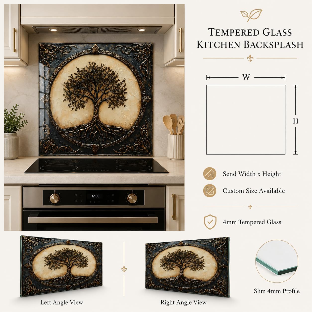 Decorative tempered glass kitchen backsplash with tree design in a kitchen setting.