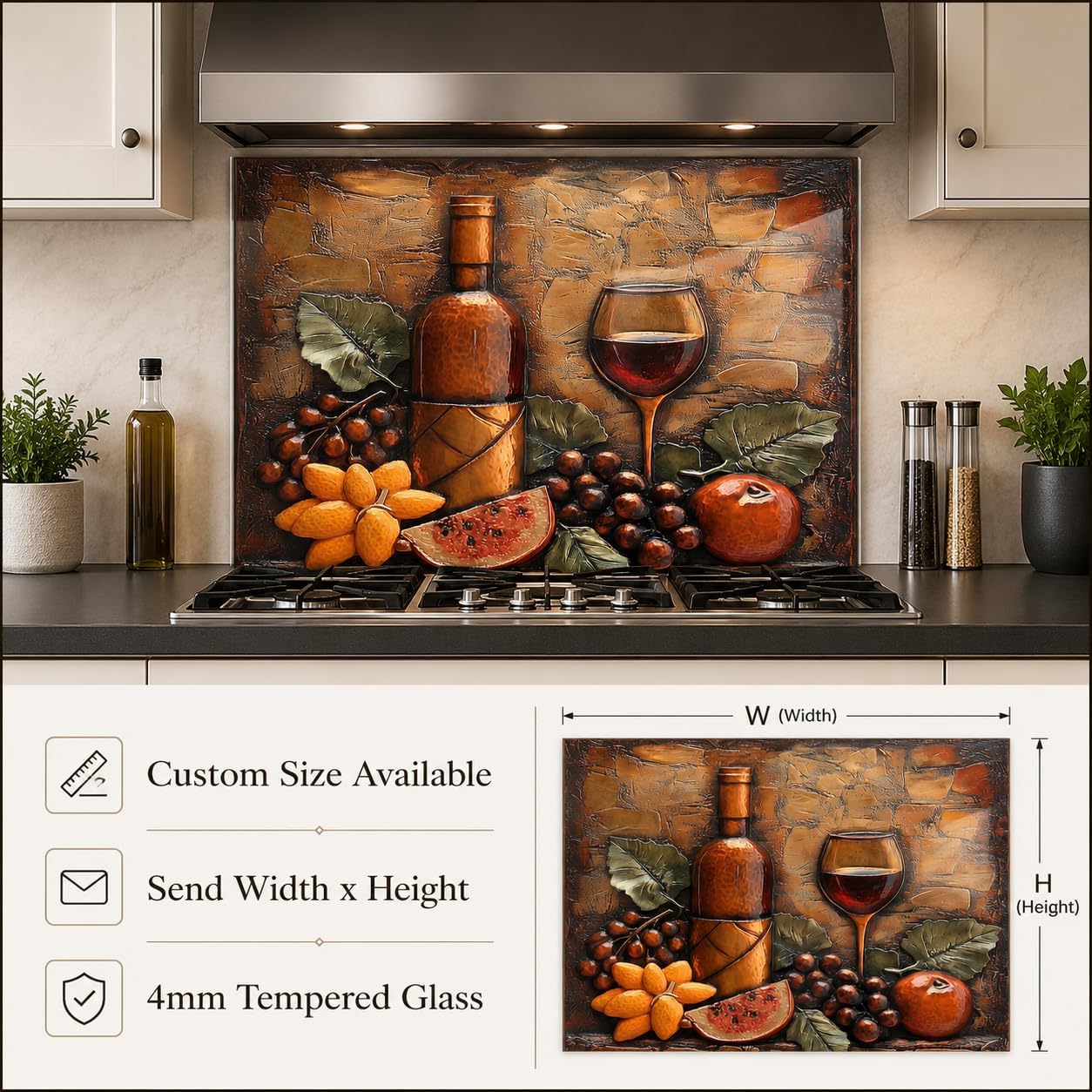 Decorative glass splashback with wine theme in a kitchen setting