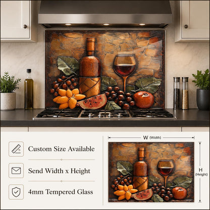 Decorative glass splashback with wine theme in a kitchen setting