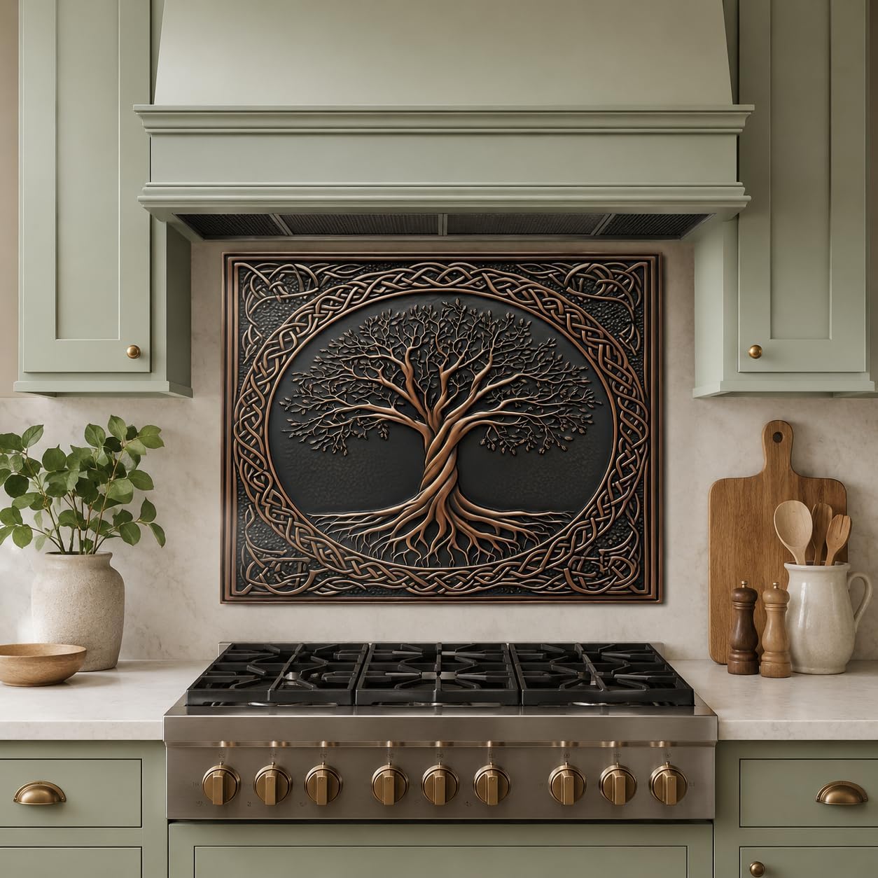 Decorative wall art with tree design above a stove in a kitchen setting.