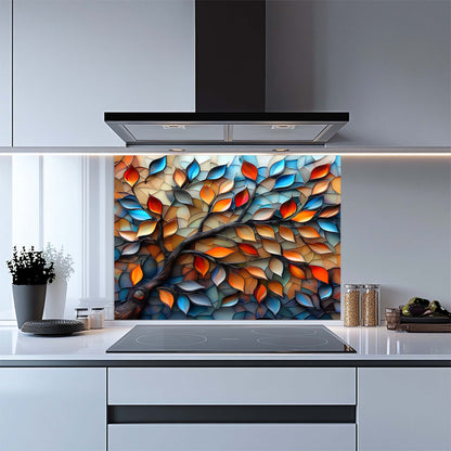 Kitchen with a colorful glass backsplash above a stove.