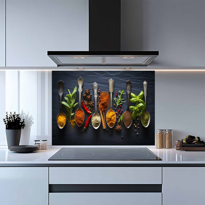 Kitchen backsplash with spoons and spices design above a stove.