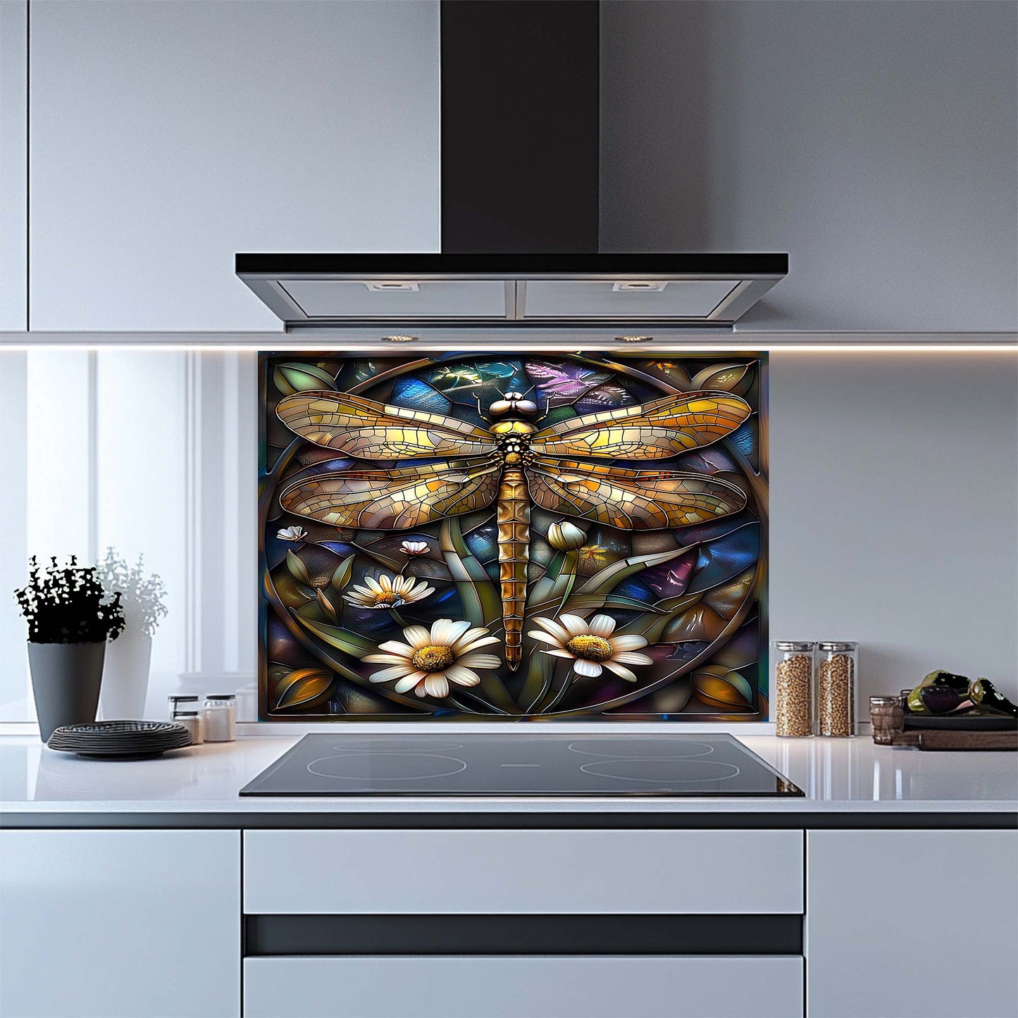 Kitchen with a decorative glass splashback featuring a dragonfly and flowers.