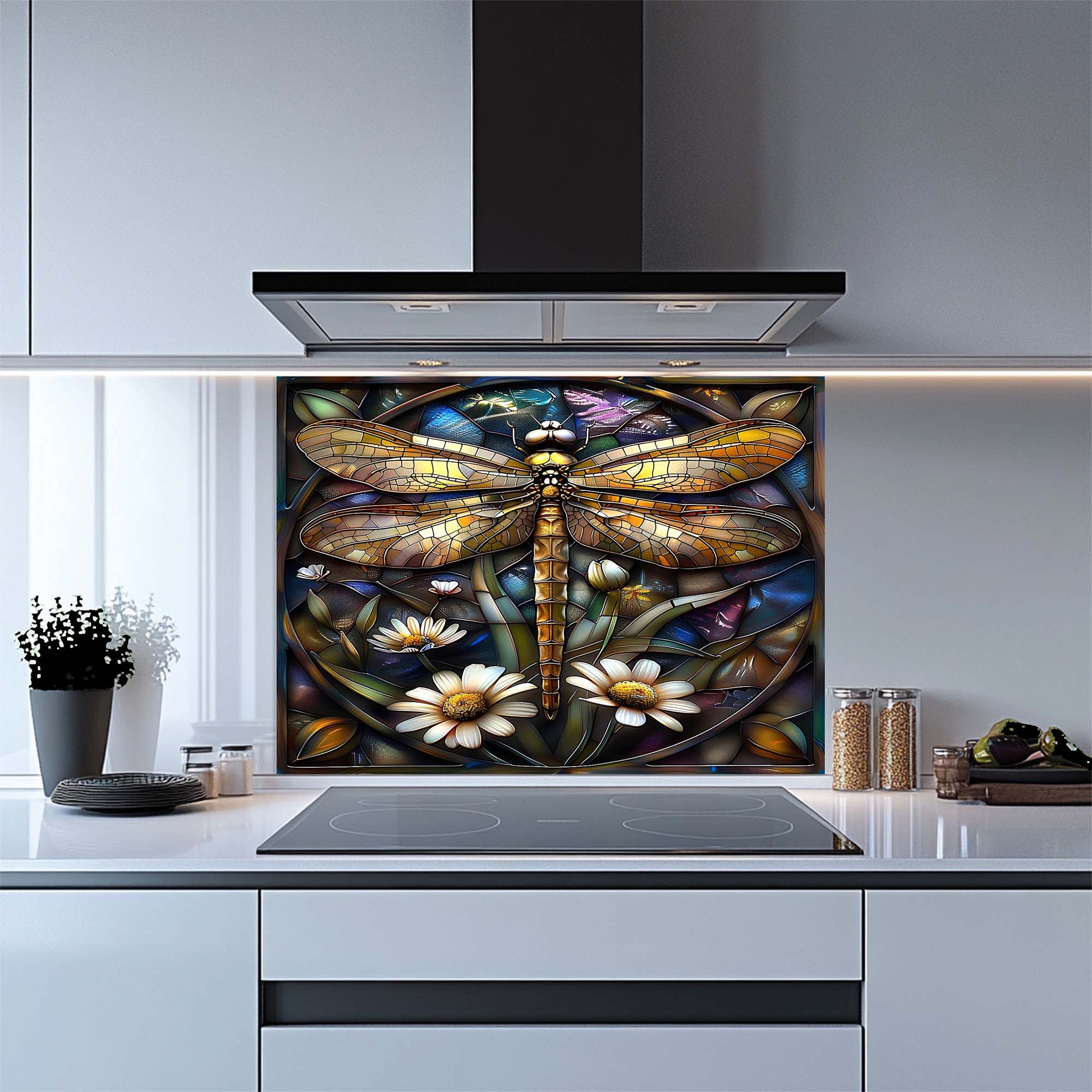 Kitchen with a decorative glass splashback featuring a dragonfly and flowers.
