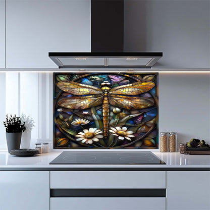Kitchen with a decorative glass splashback featuring a dragonfly and flowers.