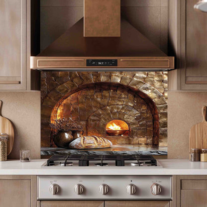 Kitchen with stone oven backsplash and stainless steel stove
