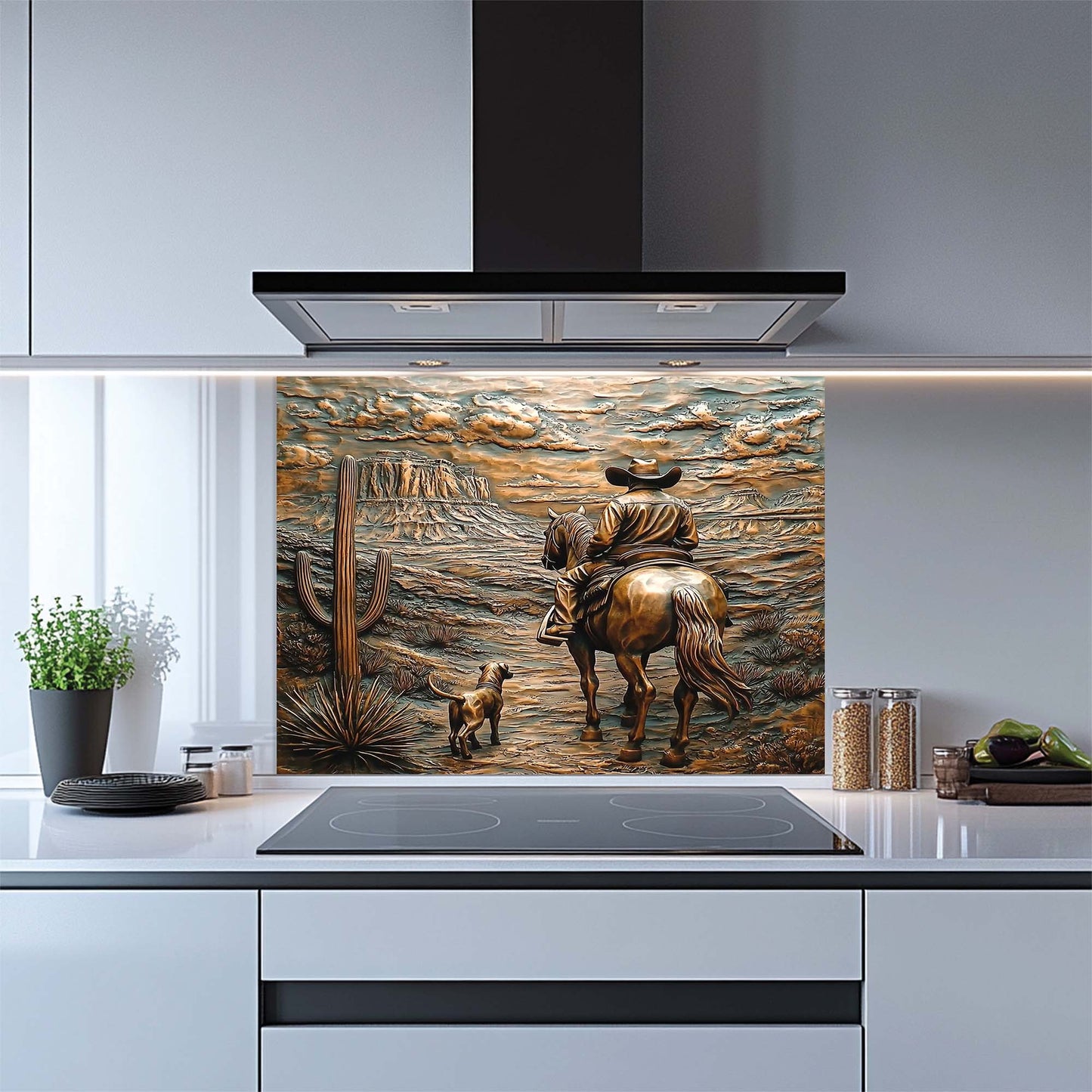 Kitchen with a decorative glass splashback featuring a cowboy and horse scene.