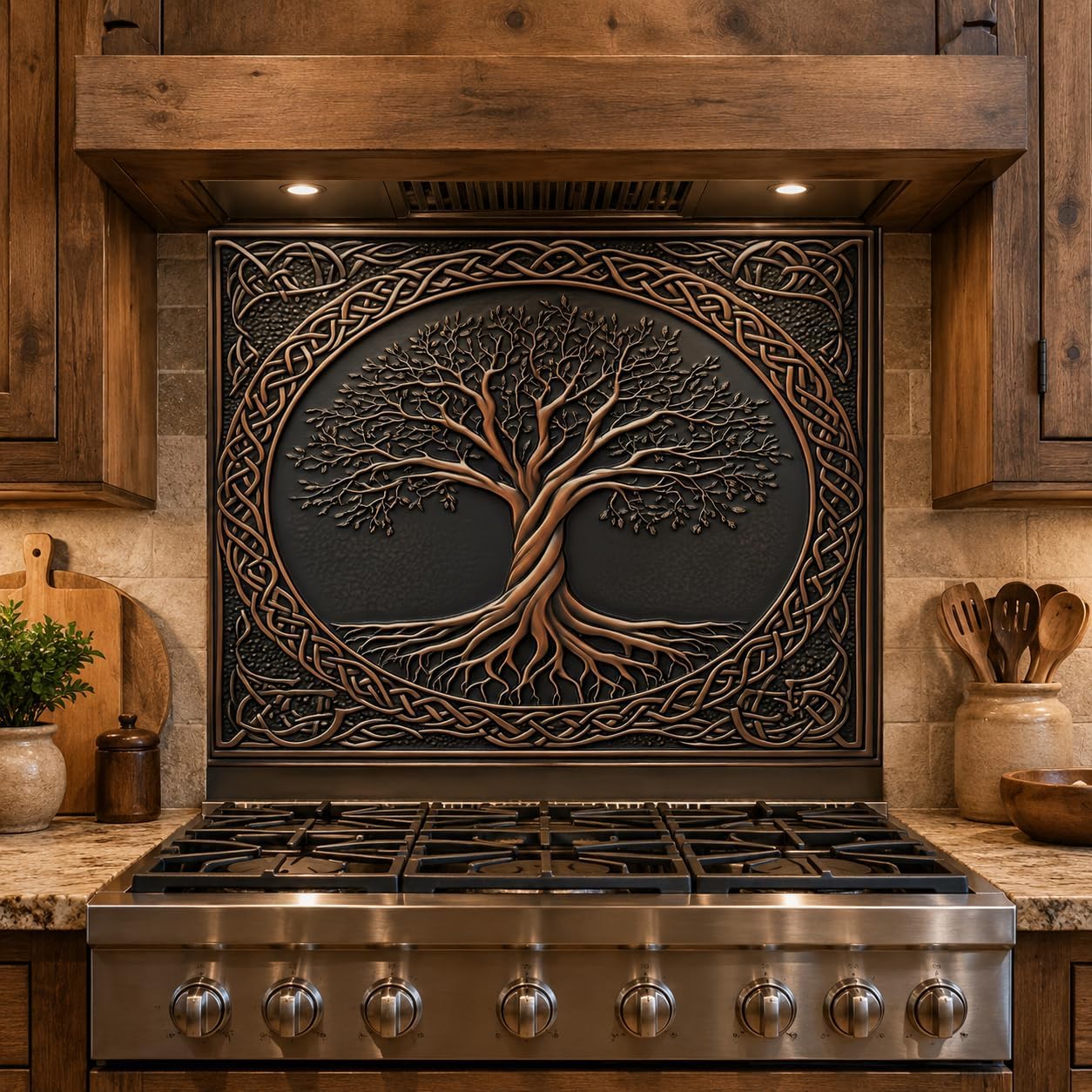 Stainless steel stove with decorative tree panel in a rustic kitchen setting