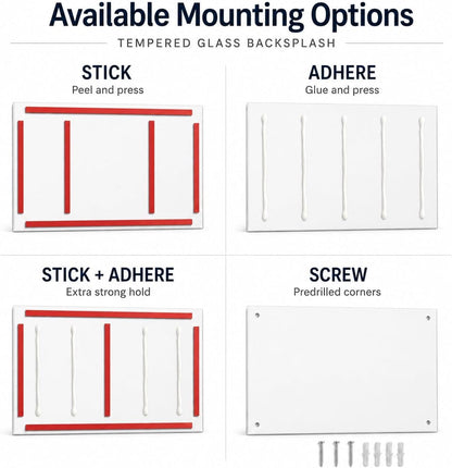 Diagram showing different mounting options for a tempered glass backsplash.