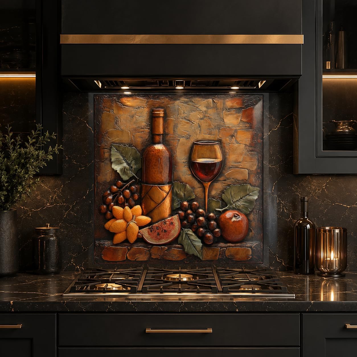 Decorative backsplash with wine bottle, glass, and fruits on a kitchen stove.