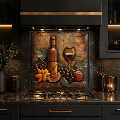 Decorative backsplash with wine bottle, glass, and fruits on a kitchen stove.