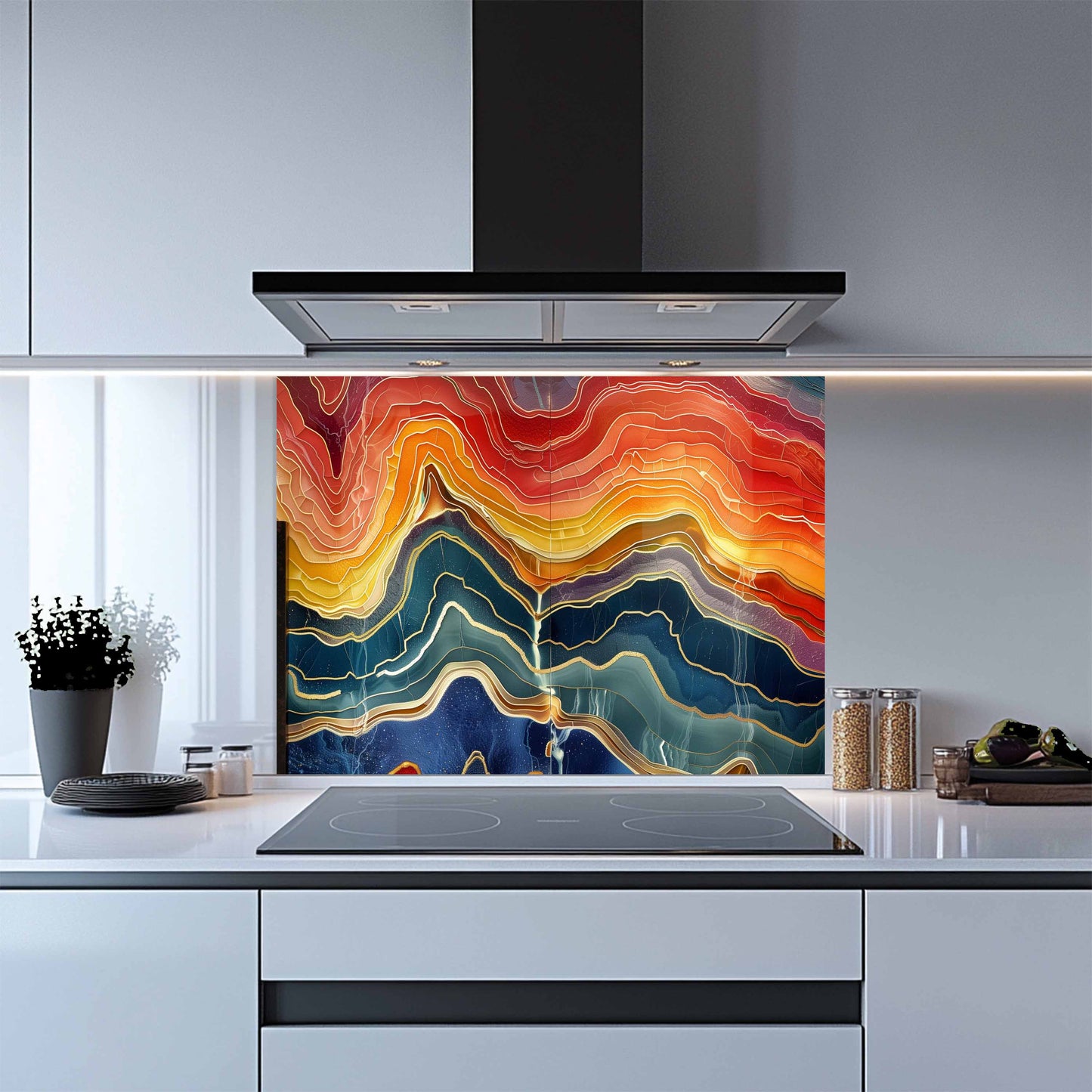 Modern kitchen with a colorful abstract design on the glass splashback.