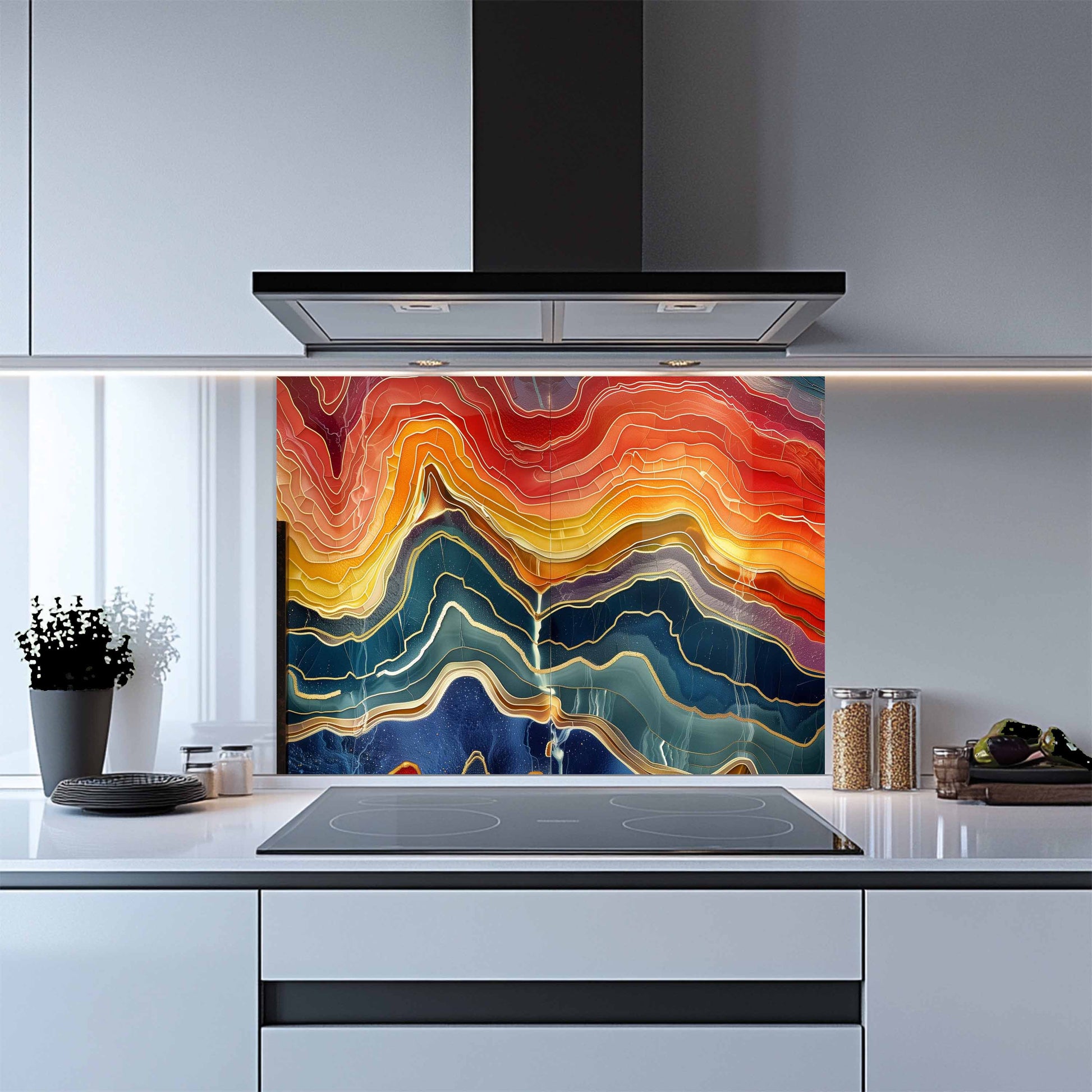 Modern kitchen with a colorful abstract design on the glass splashback.