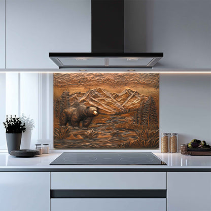 Kitchen with a decorative glass splashback featuring a bear and mountain landscape.