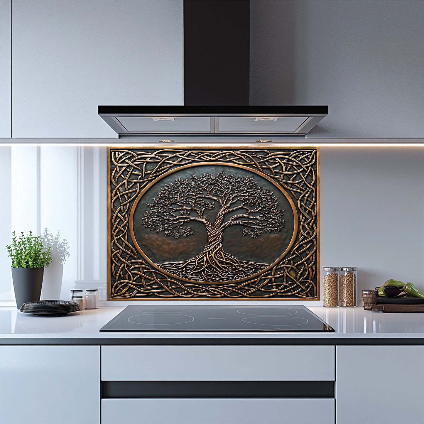 Decorative glass backsplash with tree design in a modern kitchen