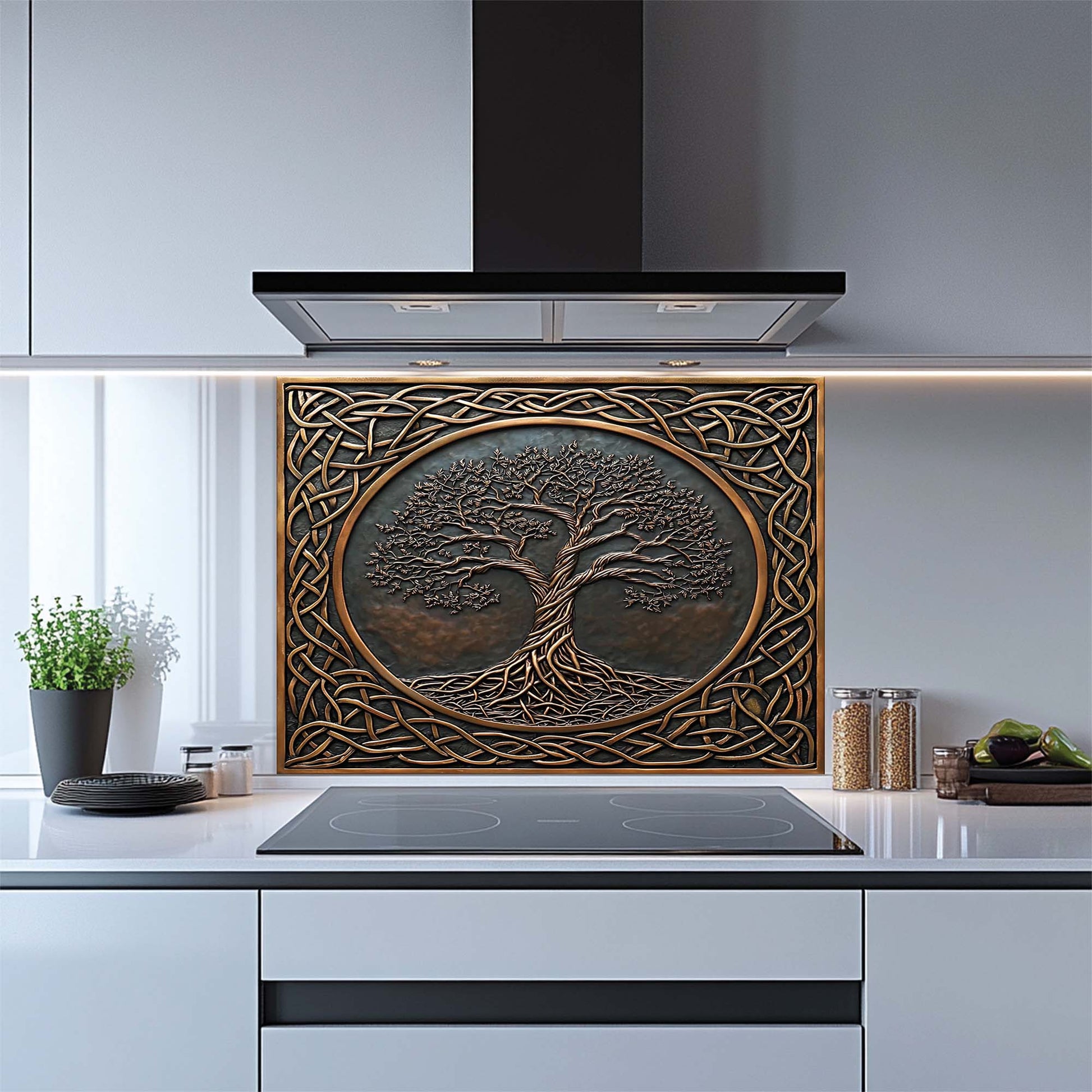 Decorative glass backsplash with tree design in a modern kitchen
