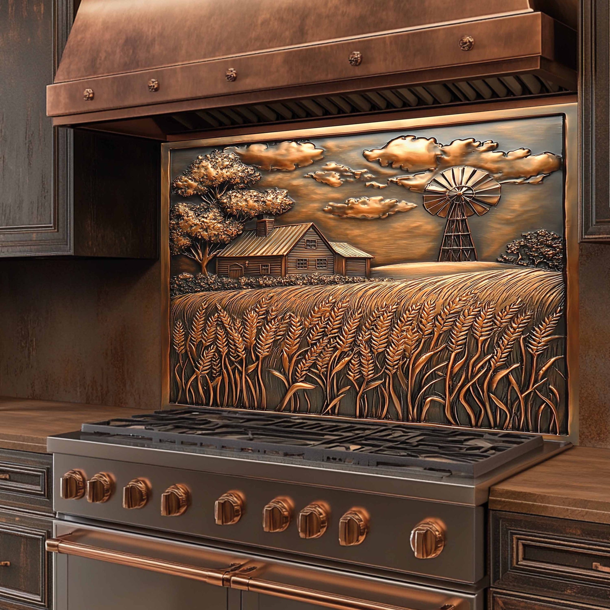 Decorative stove with a copper finish and embossed design glass backsplash of a windmill and landscape.
