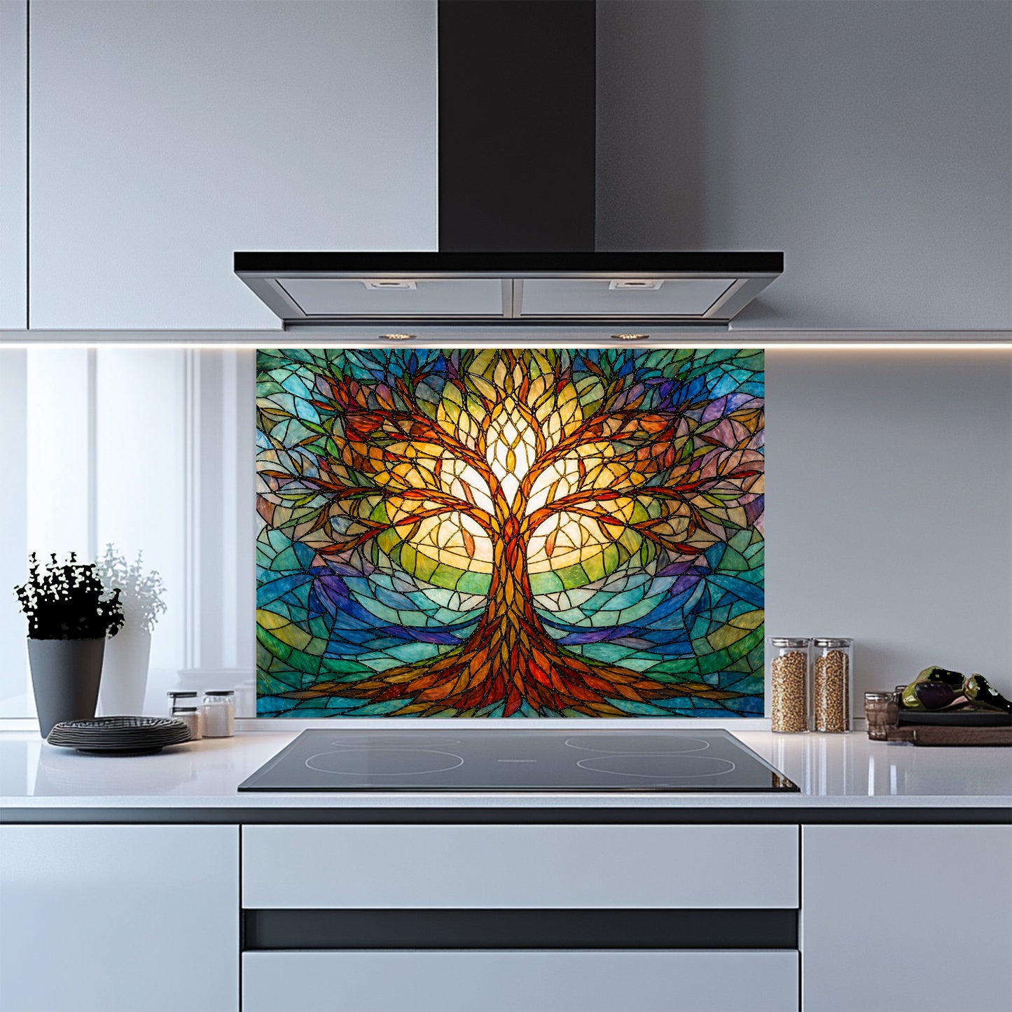 Kitchen with a colorful stained glass-style tree of life glass backsplash