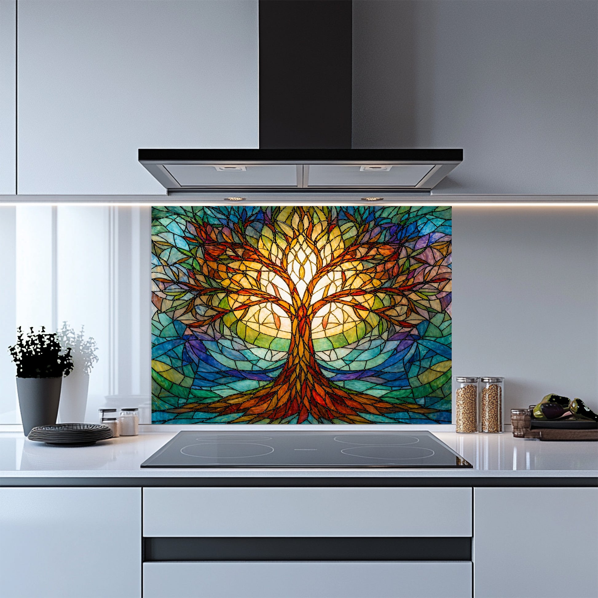 Kitchen with a colorful stained glass-style tree of life glass backsplash