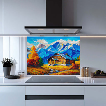 Kitchen with a colorful mountain scene glass backsplash