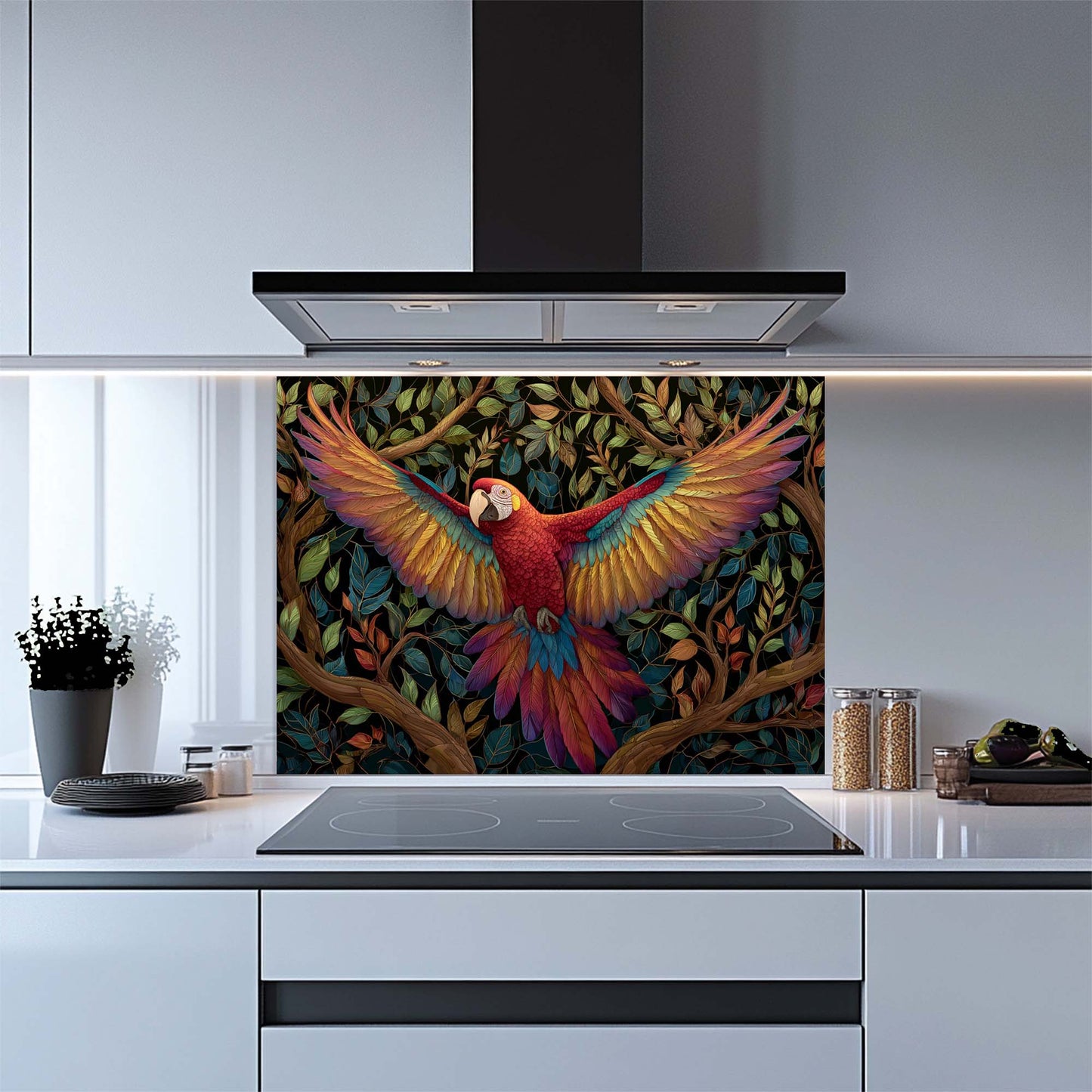 Kitchen with a colorful parrot design on a glass splashback panel.