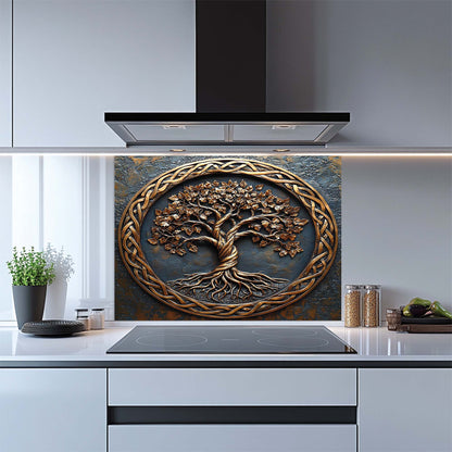 Decorative kitchen backsplash with tree design in a modern kitchen.