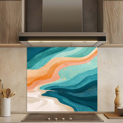 Kitchen backsplash with abstract blue and orange design