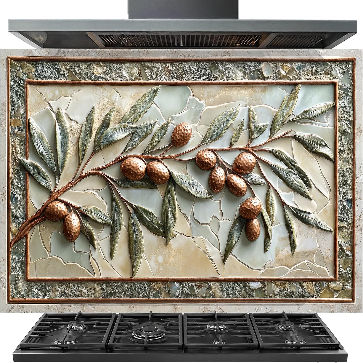 Decorative wall panel with olive branch design above a stove