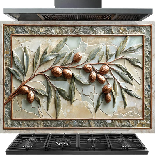 Decorative wall panel with olive branch design above a stove
