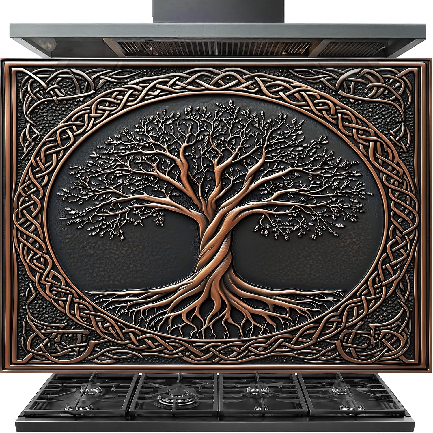 Decorative stove cover with tree of life design and Celtic knotwork