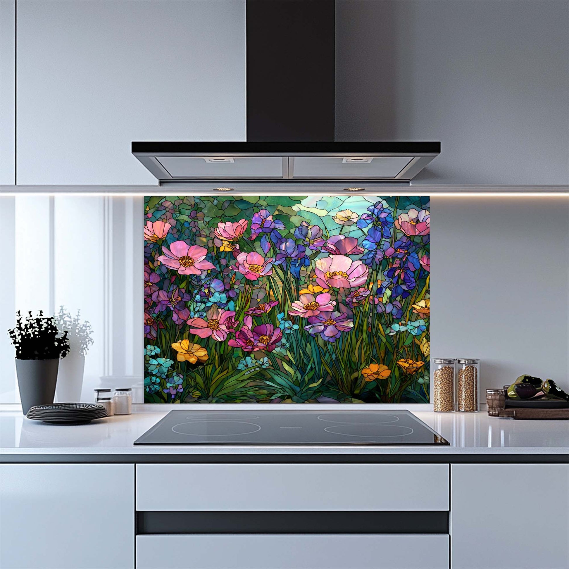 Kitchen with a colorful floral glass backsplash panel.
