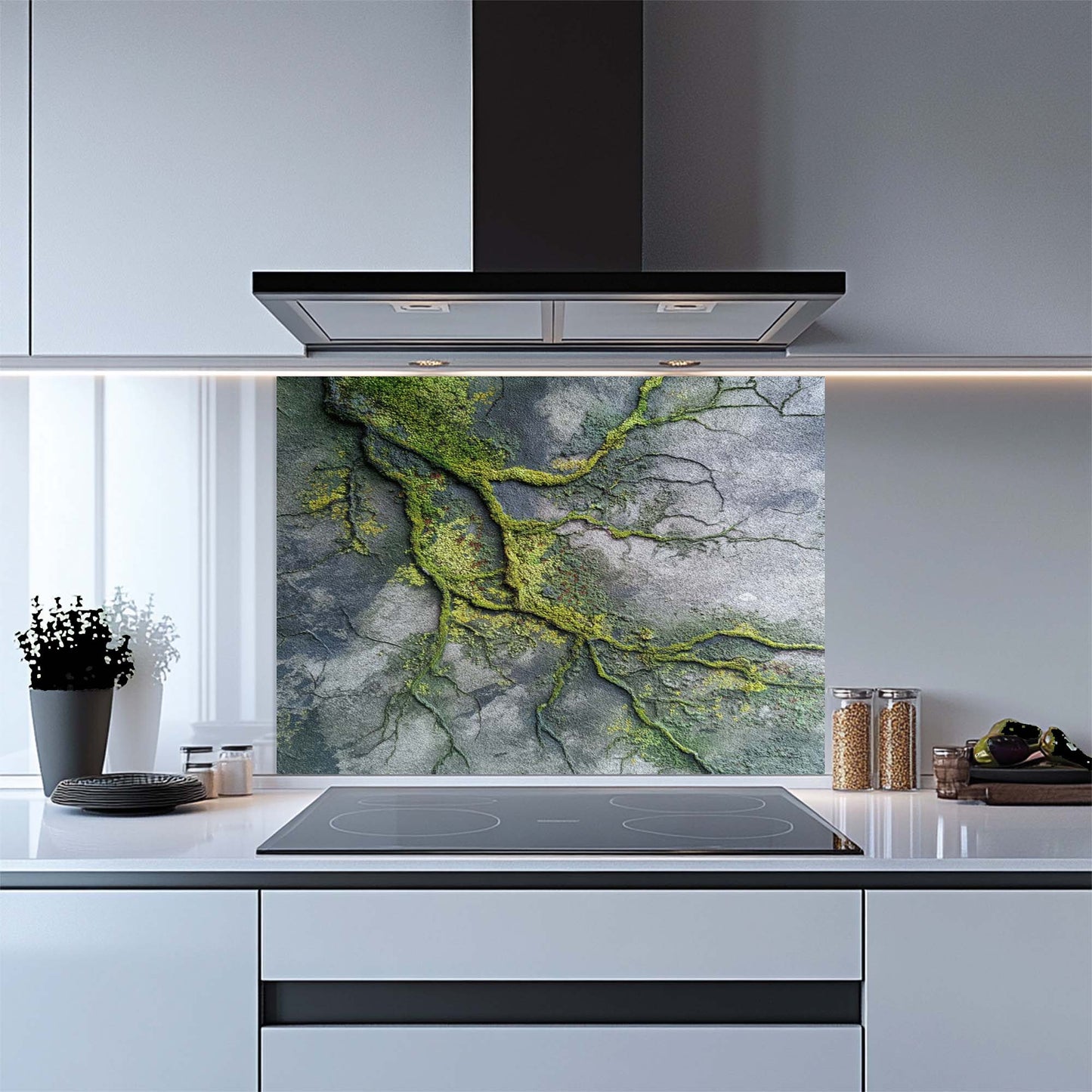 Modern kitchen with a decorative glass splashback featuring greenery.