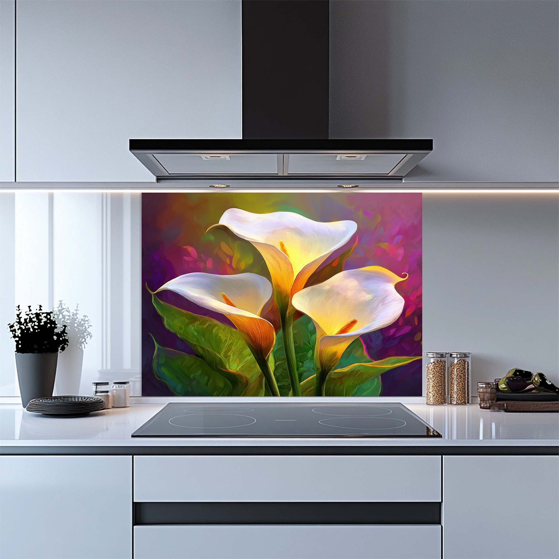 Kitchen with a colorful floral design glass backsplash behind a stove.