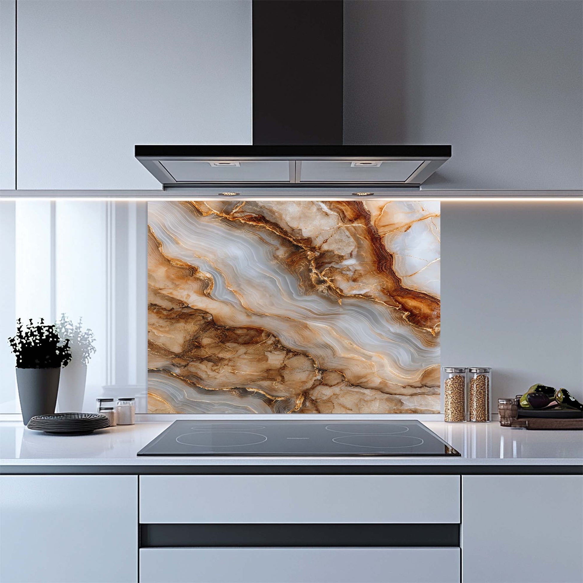 Modern kitchen with a decorative glass backsplash featuring a marble pattern.