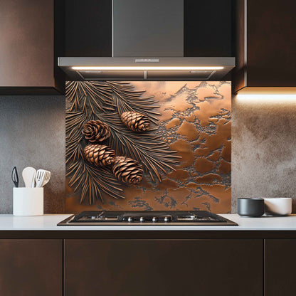 Kitchen with decorative backsplash featuring pinecones and leaves