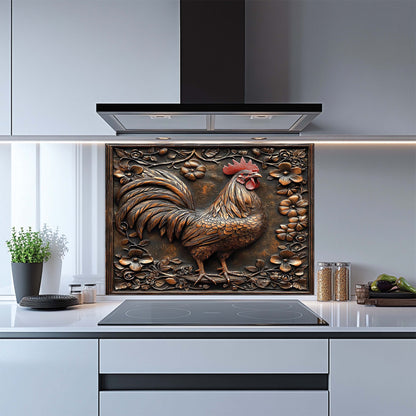 Decorative tempered glass backsplash of a rooster in a modern kitchen setting
