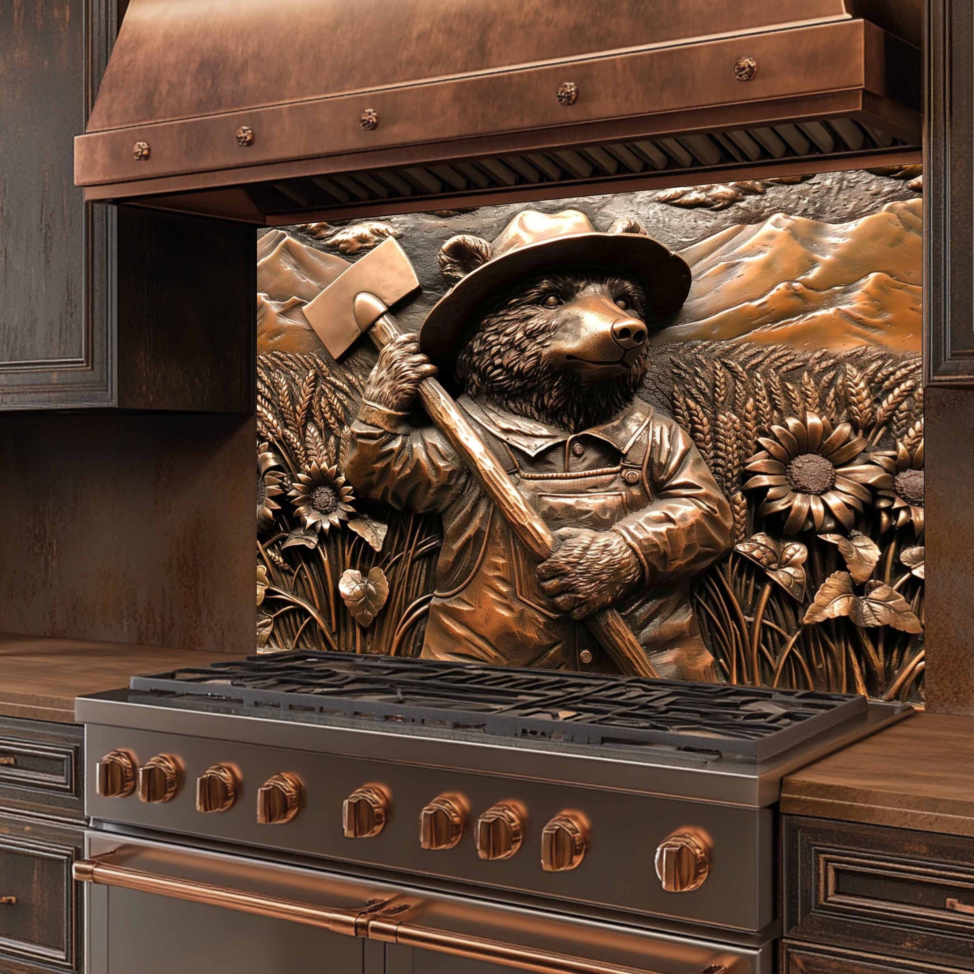 Stainless steel stove with decorative bear and floral design glass backsplash on the back splash