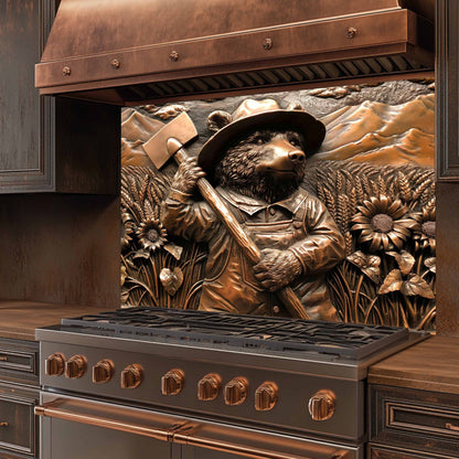 Stainless steel stove with decorative bear and floral design glass backsplash on the back splash