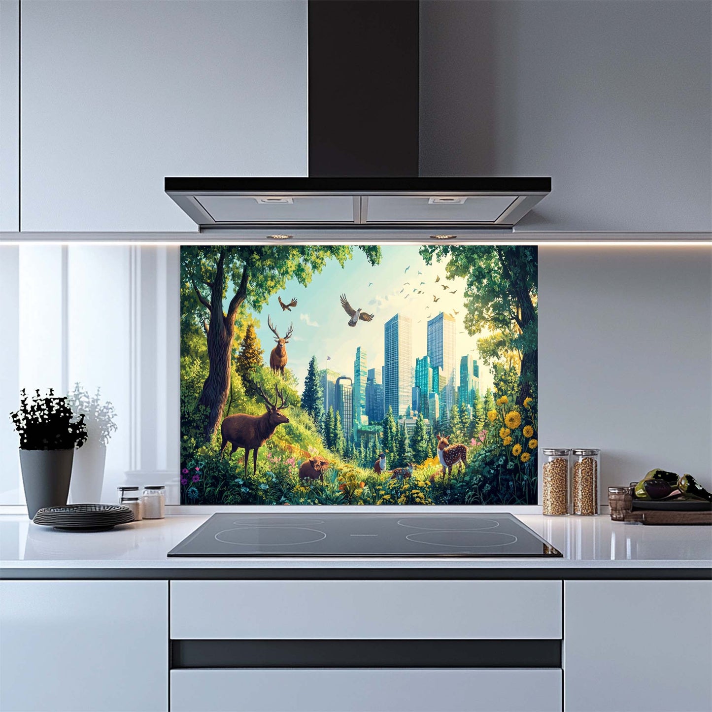 Kitchen with a decorative glass splashback featuring nature and cityscape design.