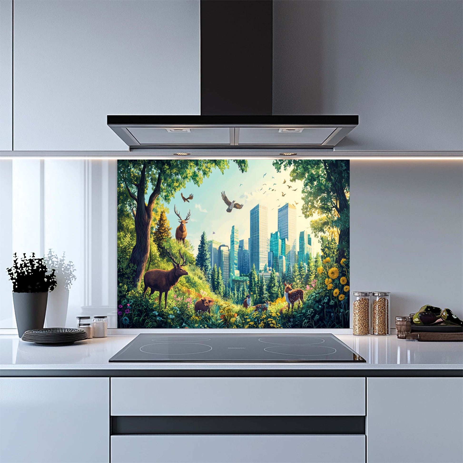 Kitchen with a decorative glass splashback featuring nature and cityscape design.