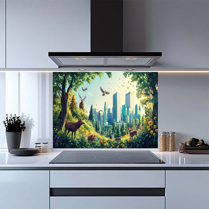 Kitchen with a decorative glass splashback featuring nature and cityscape design.