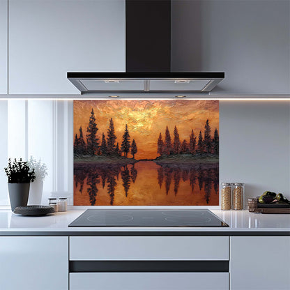 Kitchen with a decorative glass splashback featuring a sunset over water scene.