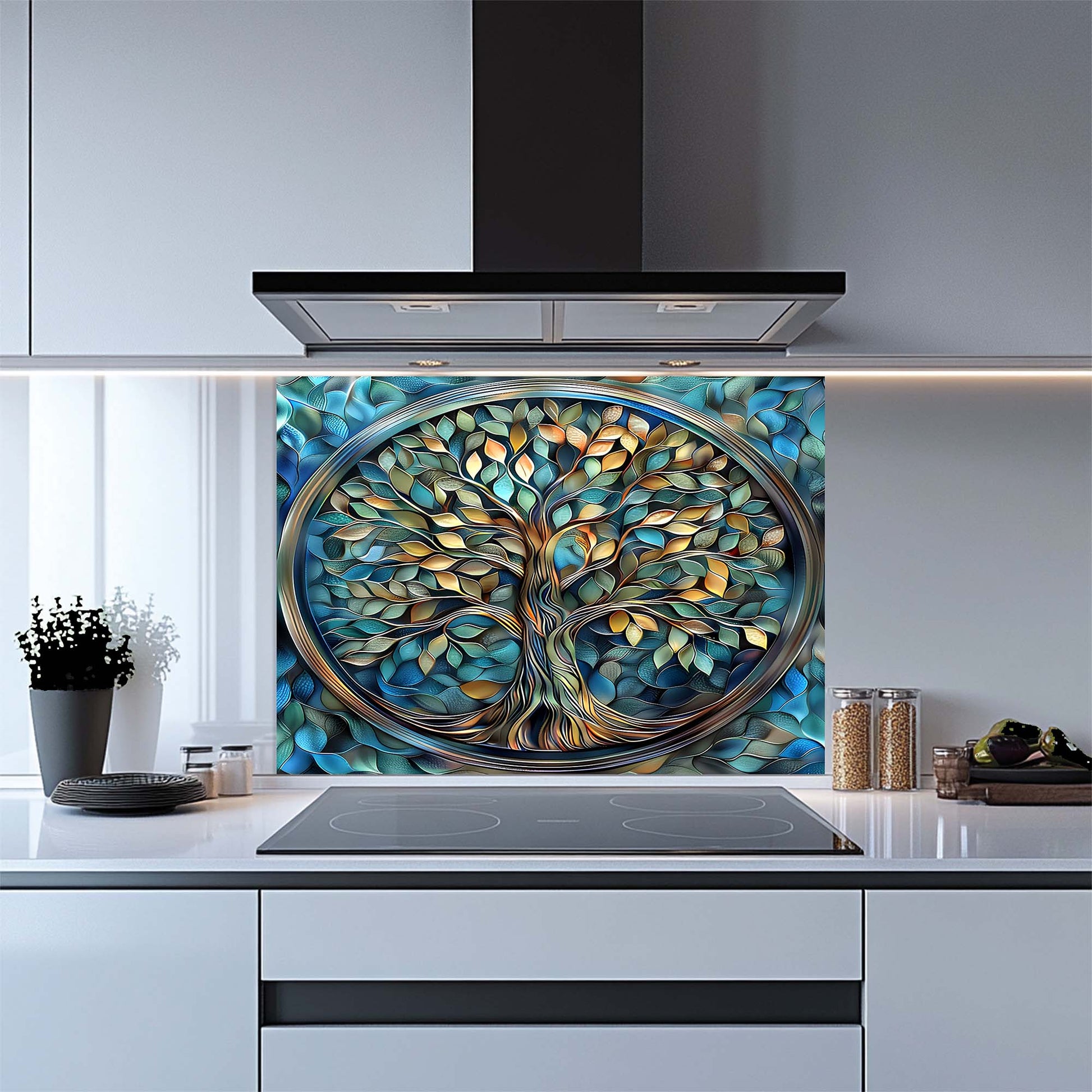Kitchen with a decorative glass splashback featuring a tree of life design.