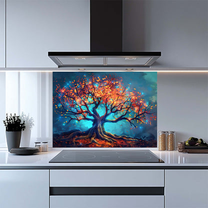 Kitchen with a colorful tree design on a glass splashback