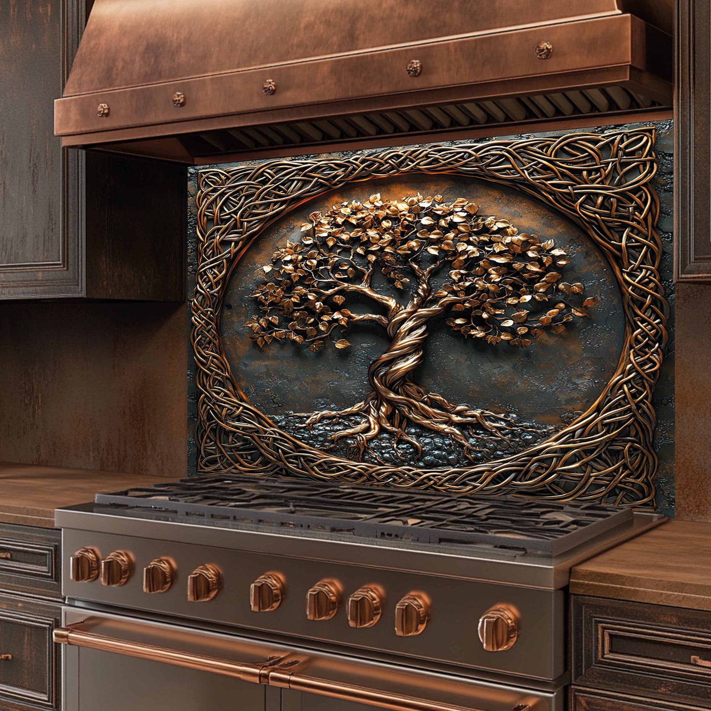 Decorative stove backsplash with a tree design on the front