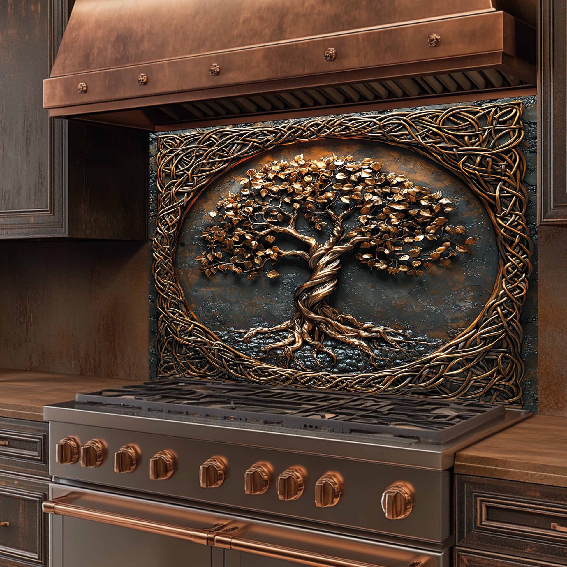Decorative stove backsplash with a tree design on the front
